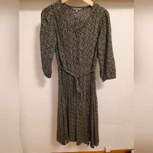 Laura Ashley floral dress. V neck. 3/4 sleeves. Black, green, pink. Size 6.